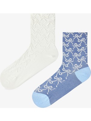 Penti 2 Çift Burun Dikişsiz Pamuklu Renkli Fiyonk Kabartma Desenli Soket Çorap