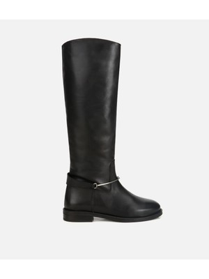 Hotiç 01CIH318750A100 KADIN Deri Siyah Metal Tokalı Düz Çizme