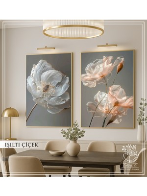 PremiumPort Işıltılı Çiçek Seti, Dijital Baskılı Gold Metal Çerçeveli Tablo