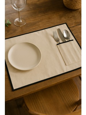 PremiumPort 6'lı Bej Ham Keten Siyah Biyeli Amerikan Servis Seti, Şık Sofra Altlığı