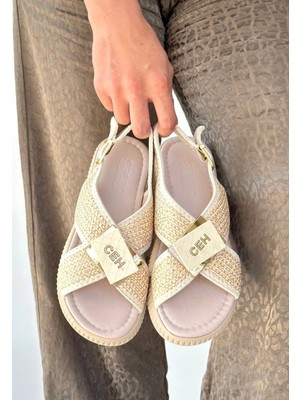 Erbilden Cate Bej Hasır Cilt Sandalet