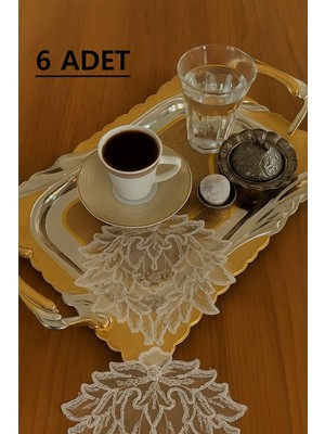 PremiumPort Kahve Renkli Dekoratif Güpür Dantel Peçete Seti 6'lı