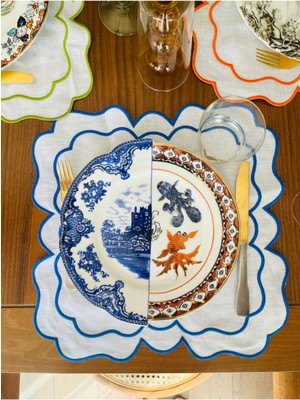 PremiumPort Şık Oval Amerikan Servisleri, Mavi Nakışlı, Çiftli Victorian Tarz