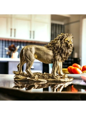PremiumPort Altın Renkli Aslan Figürlü Dekoratif Biblo, Şık Ev ve Ofis Süsleme