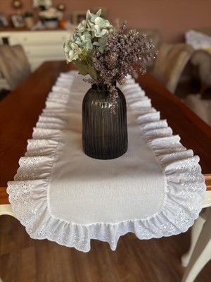 PremiumPort Fisto Fırfırlı Duck Keten Oval Runner 45X140 Beyaz