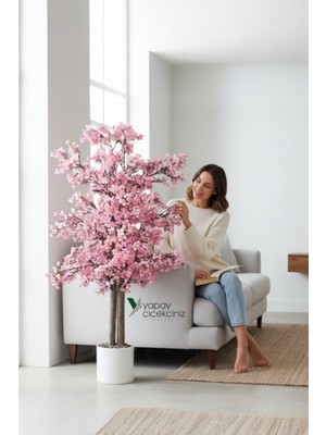 PremiumPort Yoğun Yapraklı 100 cm Pembe Yapay Sakura Bahar Dalı, Zarif Dekorasyon Parçası
