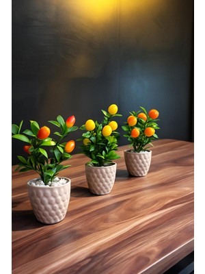 PremiumPort 3'ü Birlikte Mini Saksıda Yapay Meyve Ağacı Seti, Canlı ve Renkli Dekorasyon