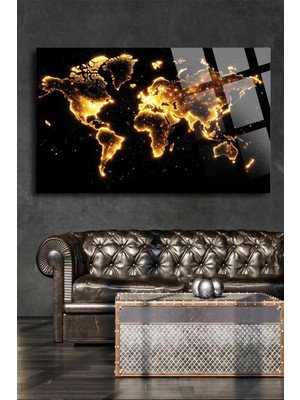 PremiumPort Işıklı Dünya Haritası Lüks Cam Tablo, Ev ve Ofis Dekorasyonu