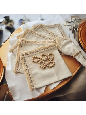 PremiumPort Organik Ham Keten Pasalı 6'lı Peçete Takımı, Ahşap Toka Hediyeli