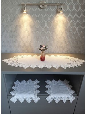 PremiumPort Baharlık Dantelli Keten Sehpa Örtüsü 3'lü Set, Şık ve Zarif Tasarım