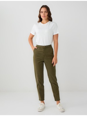 Jimmy Key Haki Yandan Cepli Yüksek Bel Normal Paça Dokuma Pantolon