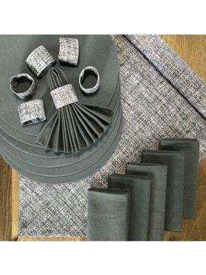 PremiumPort Hasır Amerikan Servis ve 6 Supla, Peçete ve Halkasıyla Şık Takım