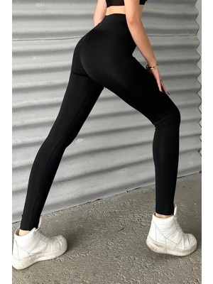 Pileli Store Esnek Yüksek Bel Siyah Uzun Parlak Disco Tayt