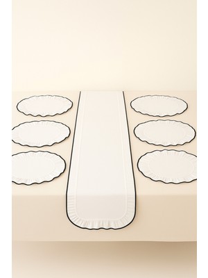 PremiumPort 7 Parça Biyeli Çeyiz Seti, Fırfırlı Keten Supla ve Runner