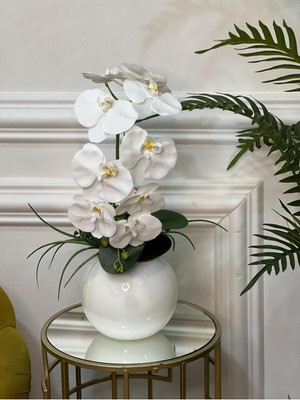 PremiumPort Şık Beyaz Cam Vazo, Yapay Orkide ile Dekoratif Hediye