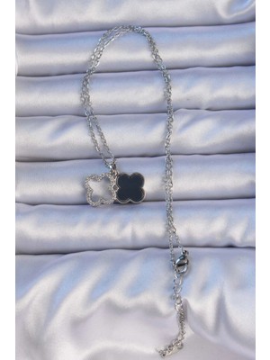 316L Çelik Gümüş Renk Siyah Mineli Zirkon Taşlı Yonca Figürlü Kolye - Bamido