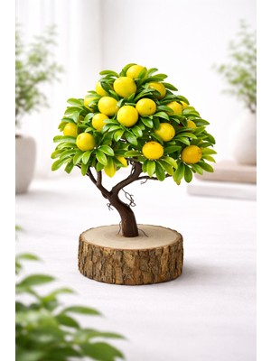 PremiumPort Doğal Kütük Üstü Yapay Limon Ağacı, Ev ve Ofis Dekorasyonu