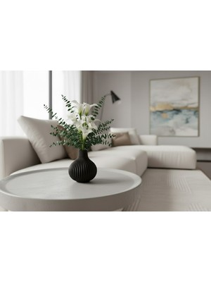 PremiumPort Şık Siyah Oval Vazo, Modern Oluklu Tasarım, Hafif ve Zarif Dekorasyon Ürünü