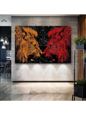 PremiumPort Sarı Kırmızı Aslan Silüeti Yatay Kanvas Tablo Modern Dekorasyon