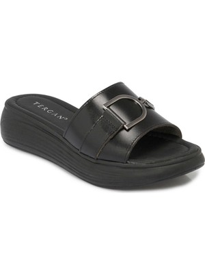 Tergan  Siyah Hakiki Deri Kadın Terlik - K25Y1TR67787-A23