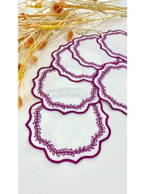 PremiumPort 6'lı Keten Nakışlı Kahve Yanı Kokteyl Peçetesi ve Bardak Altlığı Seti