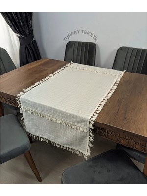 PremiumPort Püsküllü Ponponlu Saçaklı Runner, Buldan Işi Keten Masa Örtüsü 50X200