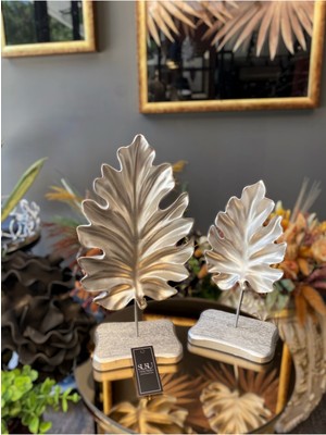 PremiumPort Şık Gold Çınar Ağacı Yapraklı Masa Üstü Sehpa Çift Takım