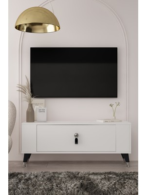 Demonte Decor 1374DD Retro-64 Tv Sehpası Beyaz-Siyah Gümüş