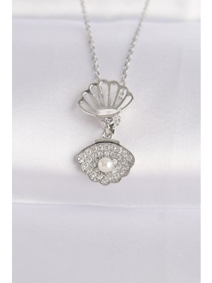 316L Çelik Zincir Gümüş Renk Zirkon Taşlı Inci Detay Istiridye Kolye - Bamido