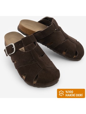 Marjin Kadın Hakiki Deri Önü Kapalı Eva Taban Tokalı Sabo Günlük Süet Terlik Yolis Kahve Süet