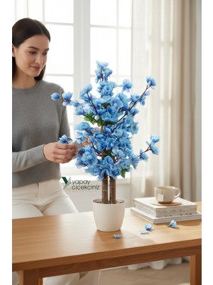 PremiumPort Beyaz Saksıda Yoğun Yapraklı 60 cm Yapay Bahçedalı Ağaç Mavi