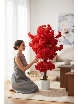 PremiumPort Beyaz Saksıda Çim Detaylı Kırmızı Yapay Bahar Ağacı 100 cm Lüks Dekorasyon