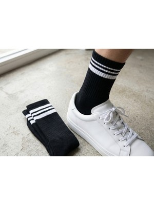 Orbit 3'lü Set Old School Çizgili Kolej Çorap - Unisex Pamuklu Siyah-Beyaz Çizgilli Tenis Spor Soket