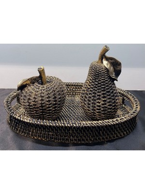 PremiumPort Şık Dekoratif Polyester Üçlü Elma-Armut-Tepsi Seti, Gold ve Siyah Eskitme