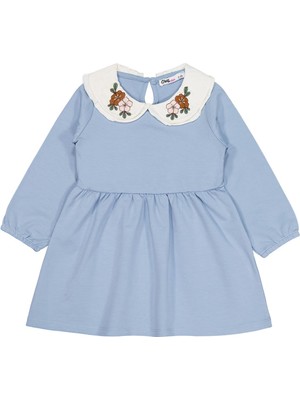 Civil Girls Yakası Nakışlı 2-5 Yaş Elbise - Mavi 5-6 Yaş