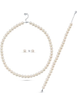 Birinci1926 925 Ayar Gümüş Sıralı Doğal İnci Küpe Kolye Bileklik Üçlü Set