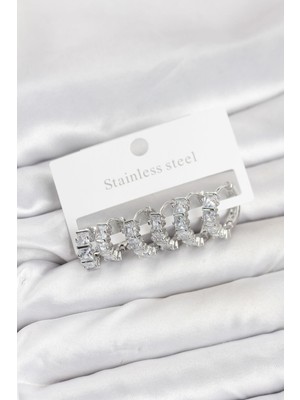 Inure Jewelry 316L Çelik Gümüş Renk Baget Zirkon Taşlı Halka Küpe Seti