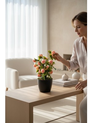 PremiumPort Siyah Saksıda Yapay Şeftali Ağacı, Dekoratif ve Canlı Görünüm