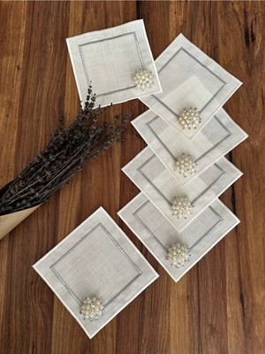 PremiumPort 6'lı Set Incili Gümüş ve Ekru Renk Nakışlı Kare Kokteyl Peçeteleri