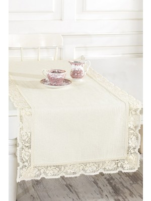 PremiumPort El Işlemeli Dantelli Keten Runner 50X130 Cm, Şık ve Zarif Kullanım Sağlar