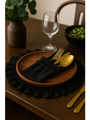 PremiumPort 12’li Ham Siyah Sofra Seti, Fırfırlı Amerikan Servis ve Kaşıklık