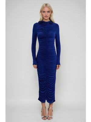 Lijuri Yakası Gül Detaylı ve Büzgülü Likralı Elbise 2968