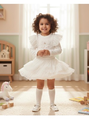 Ahu I Kız Çocuk Kombin- Dantel Detaylı Tütülü Etek ve Fırfırlı Penye Ikili Kombin