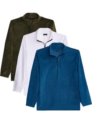 Tudors Unisex 3'lü Paket Haki-Ekru-Indigo Standart Fit Tüylenme Yapmayan Soğuk Geçirmez Polar Sweatshirt