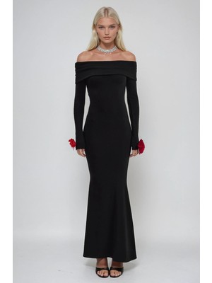 Lijuri Kolları Çiçek Detaylı Madonna Yaka Elbise 2967