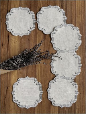 PremiumPort 6'lı Gümüş Renk Nakışlı Kahve Yanı Kokteyl Sunum Peçeteleri