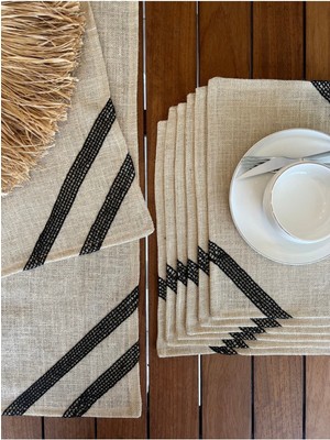 PremiumPort Şık Jüt Hasır Siyah Işlemeli Runner ve Amerikan Servis Takımı Seti