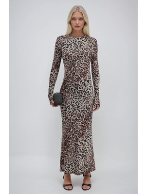 Lijuri Leopar Desenli Uzun Sandy Elbise 2964
