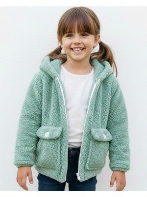 Ege Bebek Kız Çocuk Cep Detaylı, Kışlık Peluş Kuzu Hırka,5-6-7-8-9-10 Yaş Kapüşonlu Hırka, Ceket, Kaban