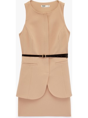 Koton Kemer Detaylı Kolsuz Bisiklet Yaka Katlı Mini Elbise